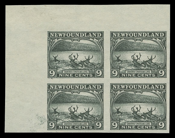 NEWFOUNDLAND  131b/142a,A fabulous set of corner margin imperforate blocks of four (only lacks the 3c which was not printed in full sheets of 100). The 2c block is gummed (overall adhesion on gum that can be soaked off), other values ungummed as issued. Minor wrinkling in the margin of the 11 cent. A selected and UNIQUE positional set of blocks, VF