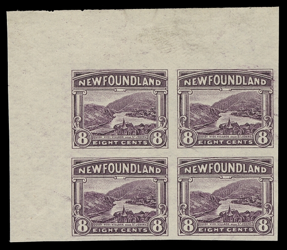 NEWFOUNDLAND  131b/142a,A fabulous set of corner margin imperforate blocks of four (only lacks the 3c which was not printed in full sheets of 100). The 2c block is gummed (overall adhesion on gum that can be soaked off), other values ungummed as issued. Minor wrinkling in the margin of the 11 cent. A selected and UNIQUE positional set of blocks, VF