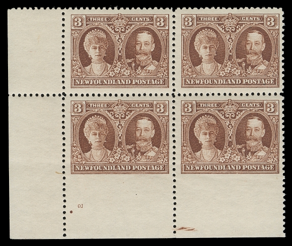 NEWFOUNDLAND  165i,A remarkable mint lower left corner block, imperforate horizontally between lower pair and sheet margin and showing small plate "2" (sideways) at lower left, gum bend where horizontal line of perforations should have been. Brilliant, fresh and nicely centered; a very rare combination, VF NH (Walsh 154f $650 as hinged)