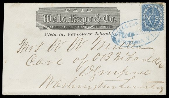 BRITISH COLUMBIA  Wells, Fargo & Co. "Victoria, Vancouver Island" in italic printed frank in black (rare - reported ratio about 1 in 10) on clean white envelope franked with 3p bright blue, perf 14, provisionally used to pay the 6c rate to Olympia, Washington State and tied by oval Wells, Fargo & Co. / Express / Victoria V.I. (R. Lowe HS-33) datestamp in blue; minor toning at top right, a bright fresh cover, VF (Unitrade 7)