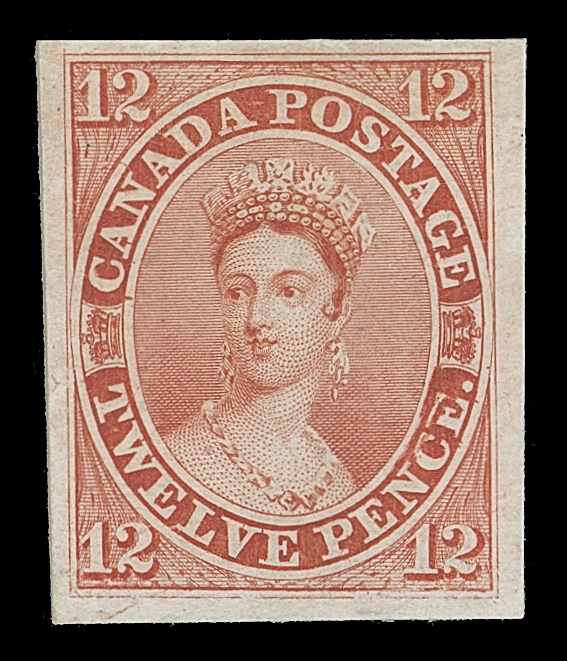 CANADA  3TC,Trial colour die proof (originating from the composite die) in deep orange red on india paper on thick card (0.016" thick), shows characteristic "scar" at "CE" of PENCE, ample margins and very scarce, VF; 2021 Greene Foundation cert.