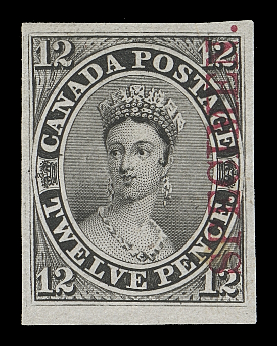 CANADA  3Pi,A very large margined plate proof single on india paper with vertical SPECIMEN overprint in carmine, negligible tone spot, bright clear impression, VF