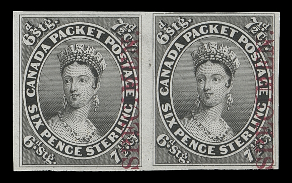 CANADA  9TCi,Trial colour plate proof pair in black  on india paper, vertical SPECIMEN overprint in carmine, brilliant fresh and scarce, F-VF; 2001 Greene cert.
