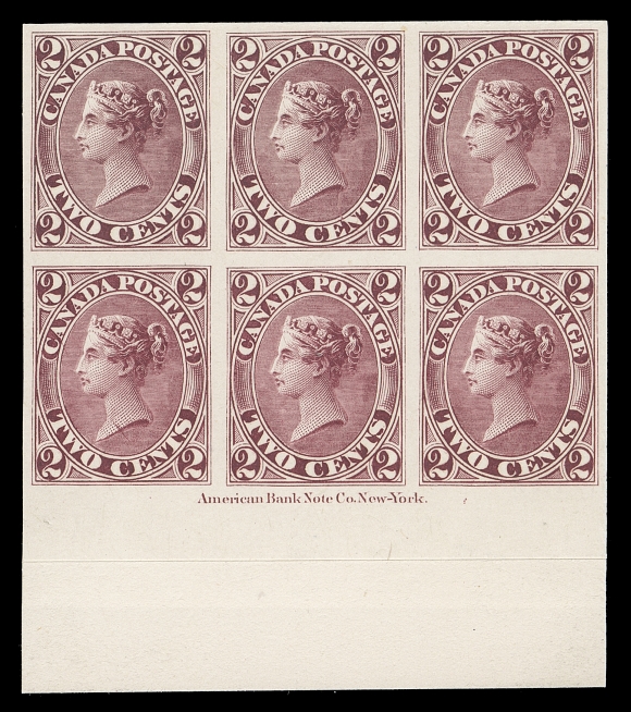 CANADA  20TC, vi,Lower margin plate proof block of six on card mounted india paper (Pos. 87/99), full ABNC imprint at foot, lower left proof shows the constant Scratch on Neck variety (Position 97), brilliant fresh and VF (Cat. as normal single proofs)