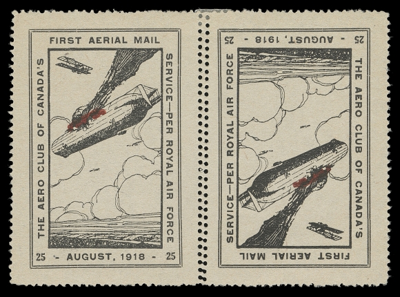 CANADA  CLP2e,Aero Club of Canada with numeral of value in lower corners, a mint tête-bêche pane of two showing an extra vertical line of perforations between, very scarce thus, single hinge at top centre and a few irregular perfs at top left. A visually striking, well centered pane, VF; 2019 APS certificate