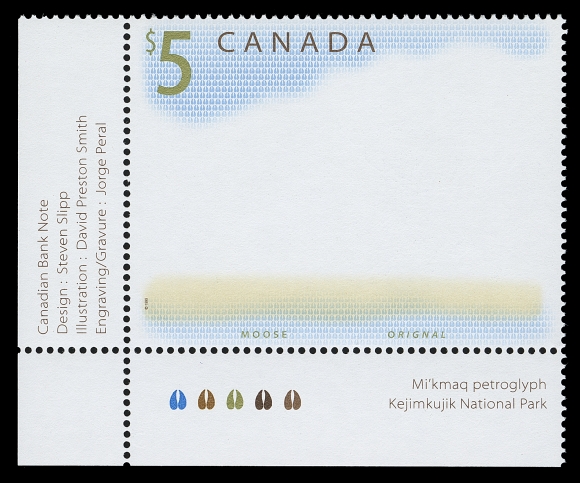 CANADA  1693a,The most dramatic major error in all of Canadian philately - completely missing the engraved colours comprising the moose, grass and trees. In pristine condition and showing plate inscription in lower left corner margin; an important and keenly  sought-after error, XF NH; 2014 Greene Foundation certificate for a pane of four from which this stamp originates.