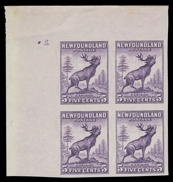 NEWFOUNDLAND  191b,Upper left corner imperforate block with Plate "2" (reversed), small negligible crease in margin only, ungummed as issued; very scarce and unlisted in Unitrade, VF