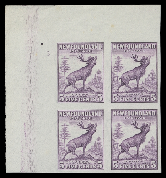 NEWFOUNDLAND 191b,Upper left corner imperforate block with Plate "3", ungummed as issued, VF and elusive