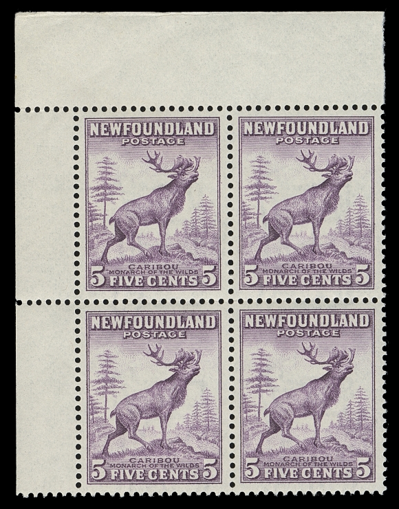 NEWFOUNDLAND  257ix,The emergency printing in a selected, well centered mint upper left corner margin block without plate number (imprints do not exist), displaying the Perkins Bacon perforation gauge in combination with the distinctive paper and design size of Waterlow & Sons. A choice  positional block, very few exist, VF NH (SG 280 £720 as singles)
