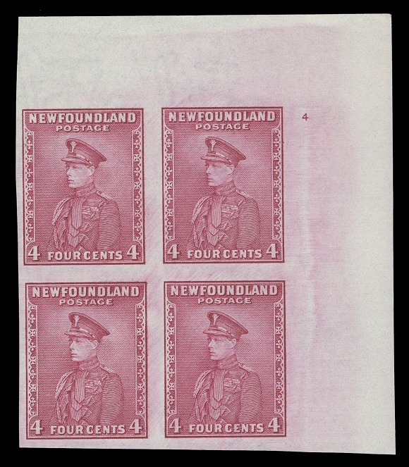 NEWFOUNDLAND  189ai,Upper right imperforate block with small Plate "4", brilliant fresh and choice, ungummed as issued, VF