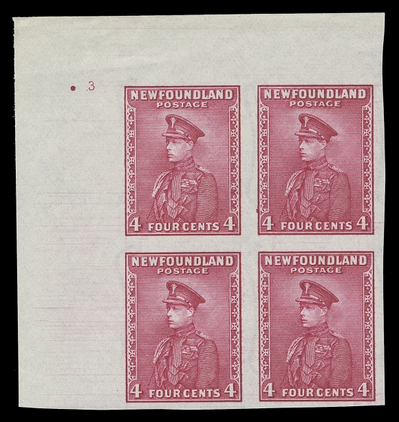NEWFOUNDLAND  189ai,Upper left corner imperforate block with small Plate "3", brilliant fresh and ungummed as issued; very scarce and unlisted in Unitrade, VF