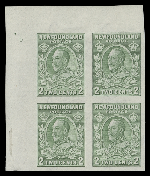 NEWFOUNDLAND 186iii,Mint upper left imperforate block with Plate "4", very lightly hinged, scarce and VF