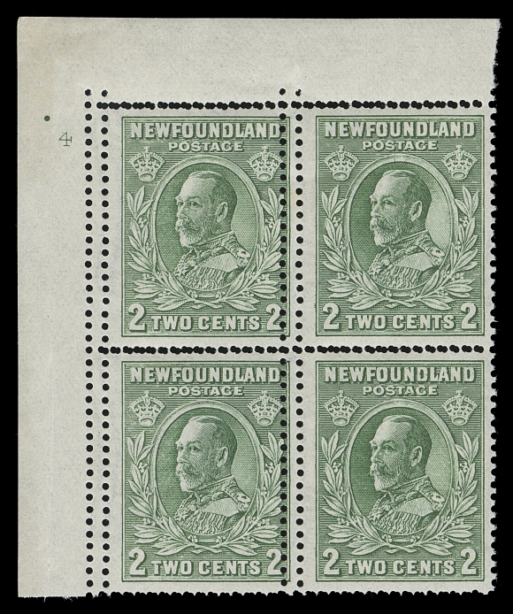 NEWFOUNDLAND  186ix,A striking mint upper left block completely DOUBLE PERFORATED, showing Plate "4", an extremely rare error likely unique as a plate block, VF NH