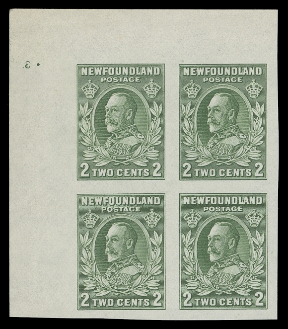 NEWFOUNDLAND  186c,Upper left imperforate block with small Plate "3" (reversed) ,  negligible bend in left margin, large margined and very scarce, VF