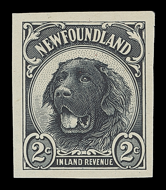 NEWFOUNDLAND REVENUES  Walsh RTE1a, RTE 2,Engraved plate essays, printed in bluish black and in red respectively on bond paper, unissued - the Caribou Inland Revenue series was used instead, VF