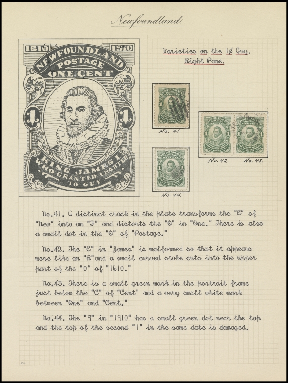 NEWFOUNDLAND 87,Left and Right Panes, only lacking only 14 of the 200 possible positions to complete; mostly used singles plus a few pairs or strips ; mainly perf 12x11. Neatly annotated with diagram of the stamp and detailed characteristics of each position. Includes all the documented and Unitrade listed varieties. An appealing lot.