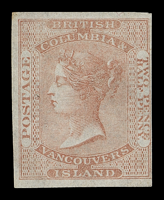 BRITISH COLUMBIA  1,An attractive unused example of this scarce imperforate displaying wonderful colour in the distinctive shade, clear at right to very large margins, ungummed as are most known to exist; a key stamp of British Columbia, F-VF; 1992 Greene Foundation cert.