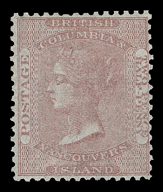 BRITISH COLUMBIA  2,A superb mint example in a deeper shade, displaying superior centering with perforations clear of the design all around, full white dull original gum; signed A. Brun; a great stamp, VF+ LH