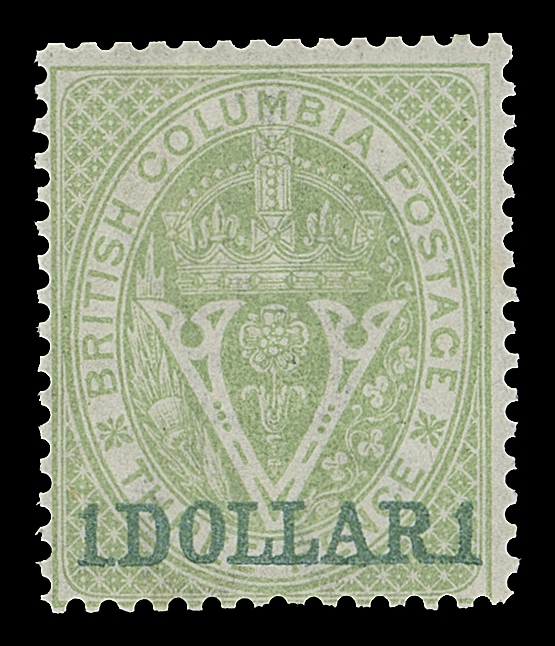 BRITISH COLUMBIA 13,A beautiful mint single of this classic stamp with above average centering for the issue, with bright colour on unusually fresh paper, intact perforations and superb full streaky dull original gum showing a faint trace of a hinge mark. Truly scarce this nice, Fine+ VLH