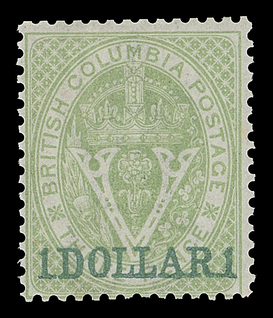 BRITISH COLUMBIA  13,A beautiful mint single of this classic stamp with above average centering for the issue, with bright colour on unusually fresh paper, intact perforations and superb full streaky dull original gum showing a faint trace of a hinge mark. Truly scarce this nice, Fine+ VLH