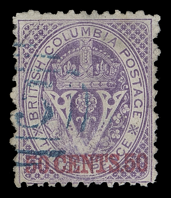 BRITISH COLUMBIA  17,A nicely centered used single, usual uncleared perf discs, showing right portion of Victoria grid (3)5 cancel in blue, BC, Fine+
