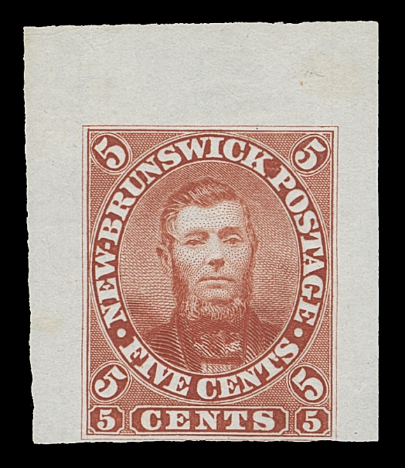 NEW BRUNSWICK  5,Engraved die essay printed in brownish red on india paper, barely touching outer frame at foot to otherwise huge margins. A rare and beautiful essay, F-VF