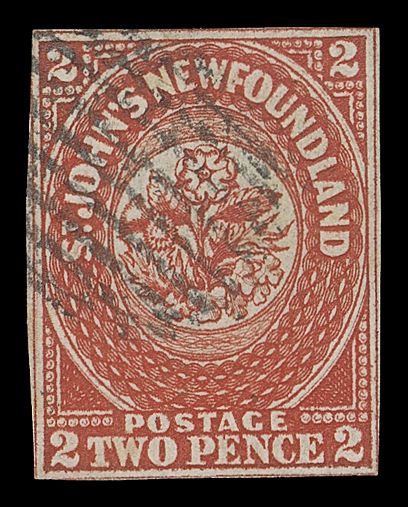 NEWFOUNDLAND  2,An attractive, lightly cancelled example of this rare stamp, with rich colour and bright impression on fresh paper, sound with just clear to slightly touching margins, Fine