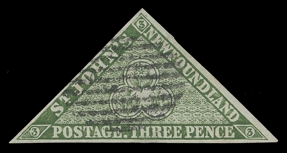 NEWFOUNDLAND  3,A selected used single with bright colour on thicker paper characteristic of the 1857 issue, neat centrally struck grid cancel, VF