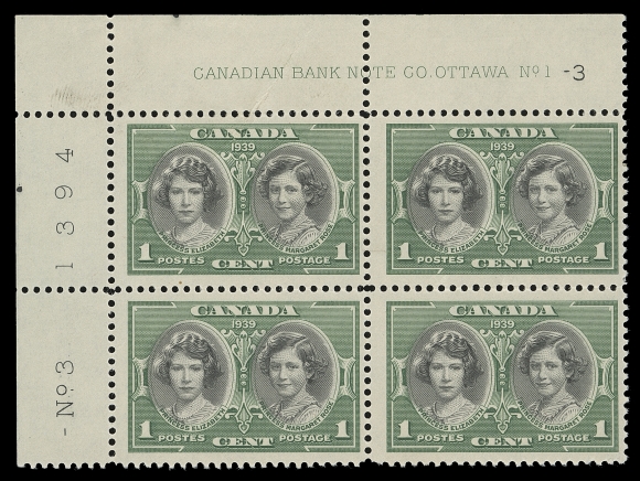 CANADA  246,The "Impossible" plate number positional block - Upper Left Plate 1-3, couple light creases, a UNIQUE plate block, Fine+ LH; includes copies of detailed articles on the subject along with census and background information.
