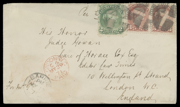 CANADA  United Kingdom,1871 (May 13) Clean cover from Barrie, Ont. to London, England bearing distinctive shades & printings with Large Queen 2c emerald green on white wove paper and two  Small Queen 3c rose red, First Ottawa printing; portion of backflap missing and right 3c with minor corner crease. Clear dispatch CDS at left along side complete strike of London Paid MY 29 71 CDS in red, a wonderful cover paying the 8c Cunard Rate to the UK via New York, the 2c Surtax paid with the Large Queen as the 2c Small Queen was not yet issued, VF (Unitrade 24i, 37a)Provenance: Vincent Graves Greene (with his backstamp)                   George Arfken, Firby, May 1997; Lot 882Literature: Illustrated and discussed in George Arfken "Canada