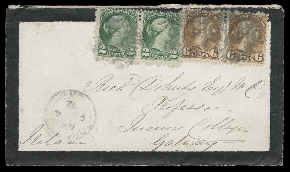CANADA  Ireland,1872 (February 4) Small mourning cover to Ireland bearing 1st  Ottawa printing pairs of the 2c deep green and 6c yellow brown,  paying the 16 cent double Cunard Rate to Ireland (UK), tied by  well-defined Toronto geometric fancy cancels (Lacelle 1629);  left 2c with minor perf flaws, tear to backflap. Toronto dispatch CDS and clear Galway MR 1 72 receiver on back. A beautiful  cover, VF (Unitrade 36e, 39 early printing)