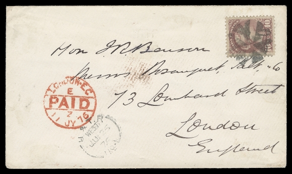 CANADA  United Kingdom,1876 (June 26) Bright cover in immaculate condition, Imperial Bank of Canada engraved crest on backflap, bearing a centered 10c deep rose lilac Montreal printing perf 11½x12, nicely tied by segmented cork cancellation, Hamilton JU 26 split ring dispatch on back, on obverse H. & T. R / No. 1 / West / JU 26 76 Railway Post Office split ring dispatch (Gray ON-209.01 - predates the ERD "1876/12/25"), London Paid 11 JY 76 receiver in red. A superb RPO cover paying double the non-UPU 5 cent Preferred Letter Rate to the UK - effective October 1, 1875, XF (Unitrade 40c shade) ex. "Jura" (June 2007; Lot 2384)