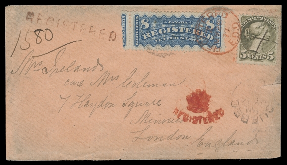 CANADA  United Kingdom,1877 (July 14) A visually striking and most appealing pink cover mailed registered from Quebec to London, England. Attractively  franked in-period with an 8c blue RLS, well centered with portion of adjacent stamp at left, short perf at right, tied by faint  grid cancel, also a pen cancelled 5c olive green Montreal  printing perf 11½x12, light Quebec JY 14 76 split ring below.  Opened on three sides and slightly reduced at sides; displaying a clear straightline REGISTERED struck at Quebec, a bold red  "Crown" registered struck at London and both stamps superbly tied on arrival by a Registered E.D.O. JY 28 77 circular datestamp in RED. A desirable cover with wonderful appeal, VF (Unitrade 38a,  F3; catalogue value $20,000)Literature: According to the Harrison, Arfken & Lussey "Canada