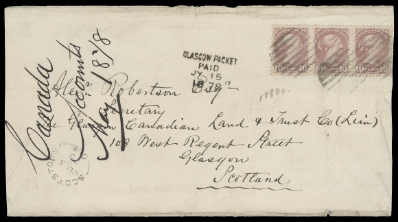 CANADA  United Kingdom,1878 (July 5) Legal cover from Scotstown, Que to Glasgow, Scotland bearing an unusually well centered strip of three of the 10c rose lilac Montreal printing perf 11½x12 tied by neat mute grid cancels, Scotstown, Que split ring datestamp (month indicia JU not yet changed from previous month), same-day Sherbrooke JY 5 78 transit on back and superb unframed Glasgow Packet Paid JY 15 1878 arrival marking. Envelope with edge wear and slightly reduced at sides, otherwise in an excellent state of preservation considering the high franking and weight of its original content. Pays six-times the non-UPU Preferred Letter Rate to the UK (effective until July 31, 1878), Canada joined the UPU August 1st, 1878, VF (Unitrade 40c)