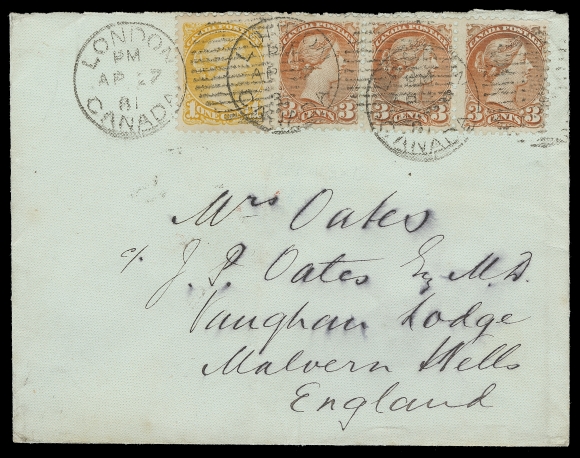 CANADA  United Kingdom,1881 (April 27) White envelope mailed from London, Ontario to England, bearing all Montreal printings perf 11½x12 - late use of 1c orange yellow and strip of three of 3c red tied by London duplex datestamps, portion of backflap missing, but shows three different British datestamps on back. An unusual combination to pay a double UPU letter rate to the United Kingdom, VF (Unitrade 35d, 37e)