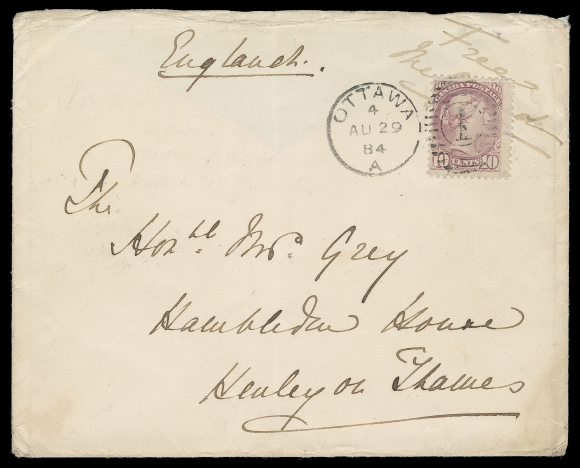CANADA  United Kingdom,1884 (August 29) Envelope initially intended to be sent to England with "Free" franking privilege; however, postage was deemed necessary as only mail addressed to Departments of State was eligible for free franking. Franked with 10c rose lilac Montreal printing perf 12 clearly tied by Ottawa duplex, backflap missing and edge wrinkles,  Henley on Thames CDS receiver on back; pays a double (5 cent) UPU rate to the UK, F-VF (Unitrade 40) ex. Ted Nixon (March 2012; Lot 322)