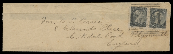 CANADA  United Kingdom,1895 (March 8) A narrow private wrapper, L.M. Staebler, London, Canada handstamp on left side, subsequently folded in for presentation, bearing pair of ½c black and tied by London, Ont. squared circle to Plymouth, England, pays a UPU transient newspaper rate of 1 cent per two ounces. A very scarce rate, especially in such nice condition, VF (Unitrade 34) ex. George Arfken (May 1997; Lot 852)