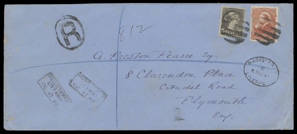 CANADA  United Kingdom,1896 (October 17) Blue envelope bearing a remarkable franking consisting of single 5c Grey and 20c Vermilion both neatly tied by mute grids, oval "R" registration handstamp at left, boxed Registered Ottawa OC 17 96 dispatch datestamps, additional strikes on back. British blue crayon lines denoting registered mail and oval Registered Liverpool 27 OC 96 datestamp and Plymouth OC 28 CDS receiver on back. Apart from minor edge wrinkling to envelope at right, in an excellent state of preservation. A rarely seen, selected quality commercial usage of the 20c Widow Weeds. Pays quadruple 5 cent UPU letter rate to the United Kingdom plus 5c Small Queen for the registration fee, VF (Unitrade 42, 46)Provenance: George Arfken, Firby, May 1997; Lot 935Literature: Illustrated and discussed in Arfken "Canada