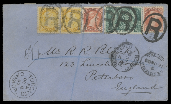 CANADA  United Kingdom,1897 (October 6) Blue cover mailed registered to Peterboro, England, bearing 1c yellow pair, two 3c bright vermilion, Ottawa printings perf 12, and 2c Jubilee, all tied by well defined oval "R" registration handstamps, Toronto dispatch CDS at left, oval registered datestamps of Liverpool 16 OC and London 17 OC. A most unusual franking used in-period, paying the 5 cent UPU letter rate + 5 cent registration fee, VF (Unitrade 35, 41, 52)
