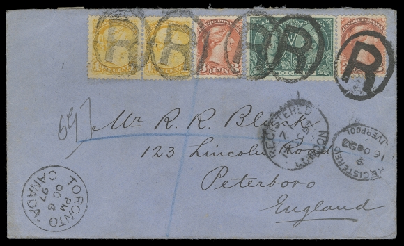 CANADA United Kingdom,1897 (October 6) Blue cover mailed registered to Peterboro, England, bearing 1c yellow pair, two 3c bright vermilion, Ottawa printings perf 12, and 2c Jubilee, all tied by well defined oval "R" registration handstamps, Toronto dispatch CDS at left, oval registered datestamps of Liverpool 16 OC and London 17 OC. A most unusual franking used in-period, paying the 5 cent UPU letter rate + 5 cent registration fee, VF (Unitrade 35, 41, 52)
