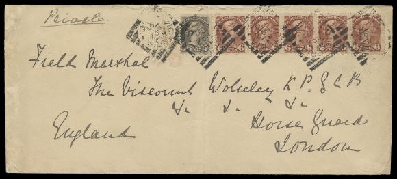 CANADA  United Kingdom,1897 (November 2) Provincial Secretary British Columbia envelope with embossed coloured seal on flap, endorsed "Private" and addressed to Field Marshall Viscount (Garnet Joseph) Wolseley of Riel Rebellion fame, bearing an impressive franking - single 5c grey and strip of five of 6c red brown, Ottawa printings perf 12, tied by Victoria, BC dispatch squared circles; envelope with edge wrinkles and couple vertical creases, latter touching the 5c & right-hand 6c. An impressive 30 cent letter rate representing six-times the UPU letter rate to the UK plus 5 cent registration, F-VF (Unitrade 42, 43)In 1870 Wolseley was the commanding officer of the Red River Expedition to colonize and expand Canadian sovereignty over the North West Territories and Manitoba.