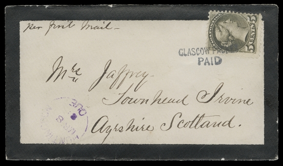CANADA  United Kingdom,1881 (March 8) Small mourning cover in fresh clean condition, bearing 5c deep olive shade, Montreal printing perf 11½x12, legible Huntington, Que split ring dispatch in PURPLE, stamp left uncancelled and mailed to Scotland, Irvine MR 22 81 CDS receiver on back. During sorting of the mails at Glasgow, a postal clerk utilized a modified (without two-line date) Glasgow Packet / PAID handstamp to cancel stamp - highly unusual. We do not recall seeing (unlisted in Duckworth & Arfken handbooks) this modified type of Glasgow Packet marking. A great item, VF; 1985 RPS of London cert. (Unitrade 38a)