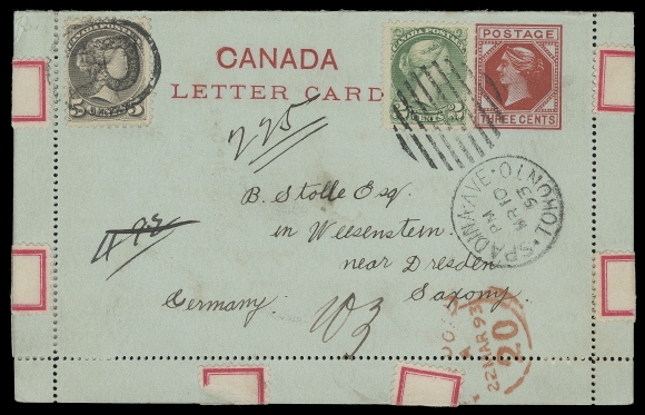 CANADA  Germany,1893 (March 10) 3c Carmine postal Letter Card (Setting 1; Perforation A), sealed with perforated labels, uprated with Ottawa printing 2c green & 5c grey perf 12, registered from Toronto to Saxony Germany, cancelled by Spadina Ave Toronto duplex and the registration fee payed with the 5c stamp tied by oval "R" handstamp, London transit and clear Weesenstein CDS receiver backstamp. Visually striking, an elusive UPU registered letter card franking to Germany, VF (Unitrade 36i, 42, L1)