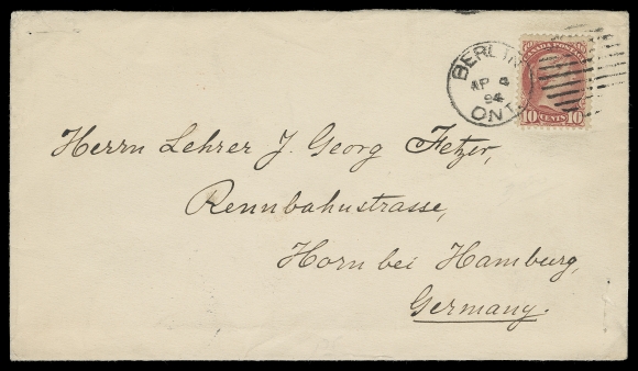 CANADA  Germany,1894 (April 4) Clean white envelope bearing single 10c rose carmine with rich colour tied by Berlin, Ont duplex to Hamburg, Germany; on reverse London AP 14 and Hamburg 15-4 receiver backstamps; pays double UPU letter rate to Germany. About 10 single-franked 10c Small Queen covers during the 1890s (Ottawa printings) have been recorded to Germany, VF (Unitrade 45a) ex. George Arfken (May 1997; Lot 1115)