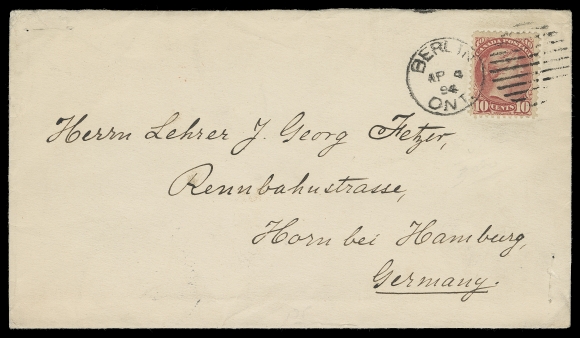 CANADA Germany,1894 (April 4) Clean white envelope bearing single 10c rose carmine with rich colour tied by Berlin, Ont duplex to Hamburg, Germany; on reverse London AP 14 and Hamburg 15-4 receiver backstamps; pays double UPU letter rate to Germany. About 10 single-franked 10c Small Queen covers during the 1890s (Ottawa printings) have been recorded to Germany, VF (Unitrade 45a) ex. George Arfken (May 1997; Lot 1115)