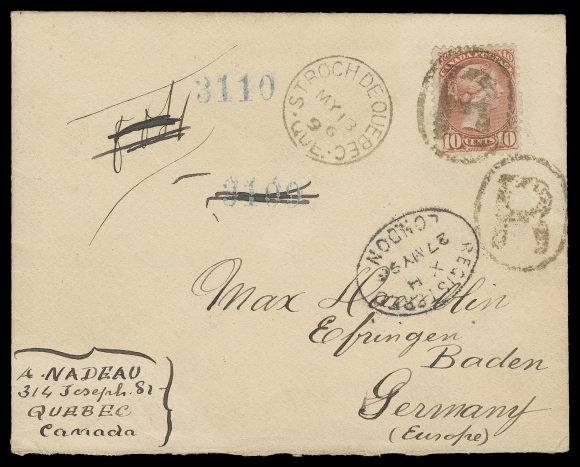 CANADA  Germany,1896 (May 13) A neat full cover mailed registered to Efringen-Kirchen, Baden Germany, bearing a single 10c rose pink shade, Ottawa printing perf 12, tied by light oval "R" handstamp, second strike below, clear St. Roch de Quebec, Que dispatch CDS at left, oval Registered London 27 MY 96 transit; clear Quebec transit and German receiver backstamps. A pretty cover paying the 5 cent UPU letter rate + 5 cents registration to Germany, VF (Unitrade 45a) ex. "Jura" (June 2007; Lot 2403)
