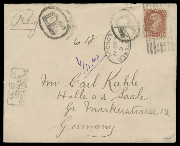 CANADA  Germany,1897 (October 22) Clean cover mailed registered from Ottawa to Halle (Saale) Germany, bearing the distinctive 10c brick red shade, last Ottawa printing perf 12, tied by light Ottawa roller, two oval "R" registration handstamps and boxed Registered Ottawa OC 22 97 datestamp, superb Halle 5 / 11.97 CDS receiver on back. An attractive 5 cent UPU letter rate + 5 cent registration paid with a last printing example of the 10c Small Queen, VF (Unitrade 45)