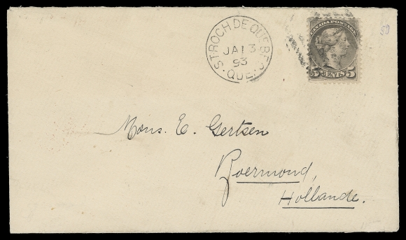 CANADA  Netherlands,1893 (January 13) A pristine cover bearing 5c grey Ottawa printing perf 12 tied by light grid, neat St. Roch de Quebec dispatch CDS at left, pays the 5 cent UPU letter rate to Roermond, Holland; London and very clear Roermond 24 JAN receiver backstamps, most attractive, VF (Unitrade 42)