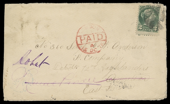 CANADA  India,1878 (October 2) Cover addressed to Sergeant Anderson, Detachment 72nd Highlanders at Amritsar, British East Indies (India), bearing a 2c deep green Montreal printing perf 11½x12 tied by cork cancel for the Soldier