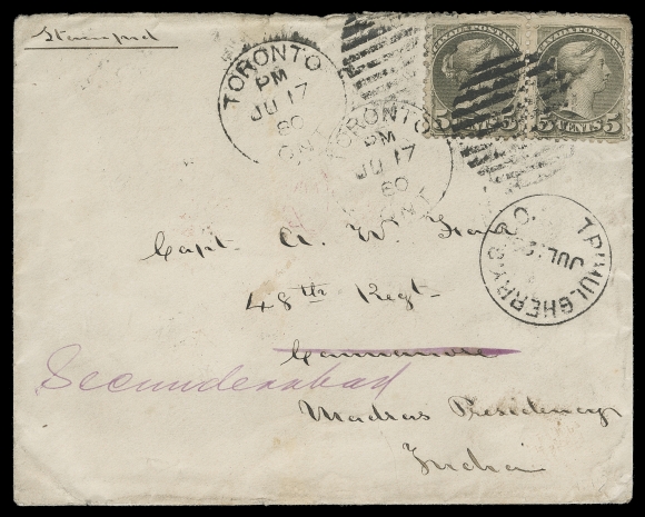 CANADA  India,1880 (June 17) Cover from Toronto to Cannanore, India, redirected to Secunderabad, Hyderabad, franked with a pair of Montreal printing 5c olive grey perf 12, slight perf flaws due to placement, tied by Toronto duplex, small red London JU 30 CDS and clear Brindisi 3 / 7-80 transits and four Indian backstamps. A very early example of the 5c UPU letter rate + the UPU authorized 5 cent surtax (effective as of August 1878) per half ounce for lengthy sea transit, F-VF (Unitrade 38) Provenance: Bill Simpson, Part III, October 1996; Lot 1518                    Ted Nixon, March 2012; Lot 218Interestingly enough, this cover was routed via Brindisi, indicated by the transit backstamp. However, the required extra charge of 5 cent (for a total of 15c per half ounce) for mail going via Brindisi route was not levied, effective as of July 1879 until January 1883 - according to Official Postal Guide.